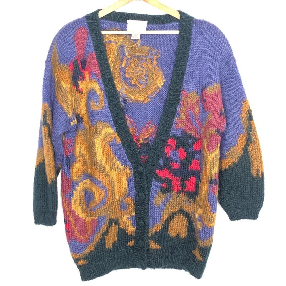 80s Vintage Hand Knitted Mohair Cardigan Sweater Grandpa Oversized Chunky size M
